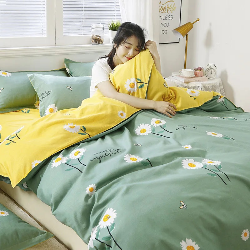 Daisy Printed King Size Duvet Cover Set with Sheets High Quality Washed Cotton Bedding Set Queen Home Bed Sets Comforter Covers LadyShow.Store