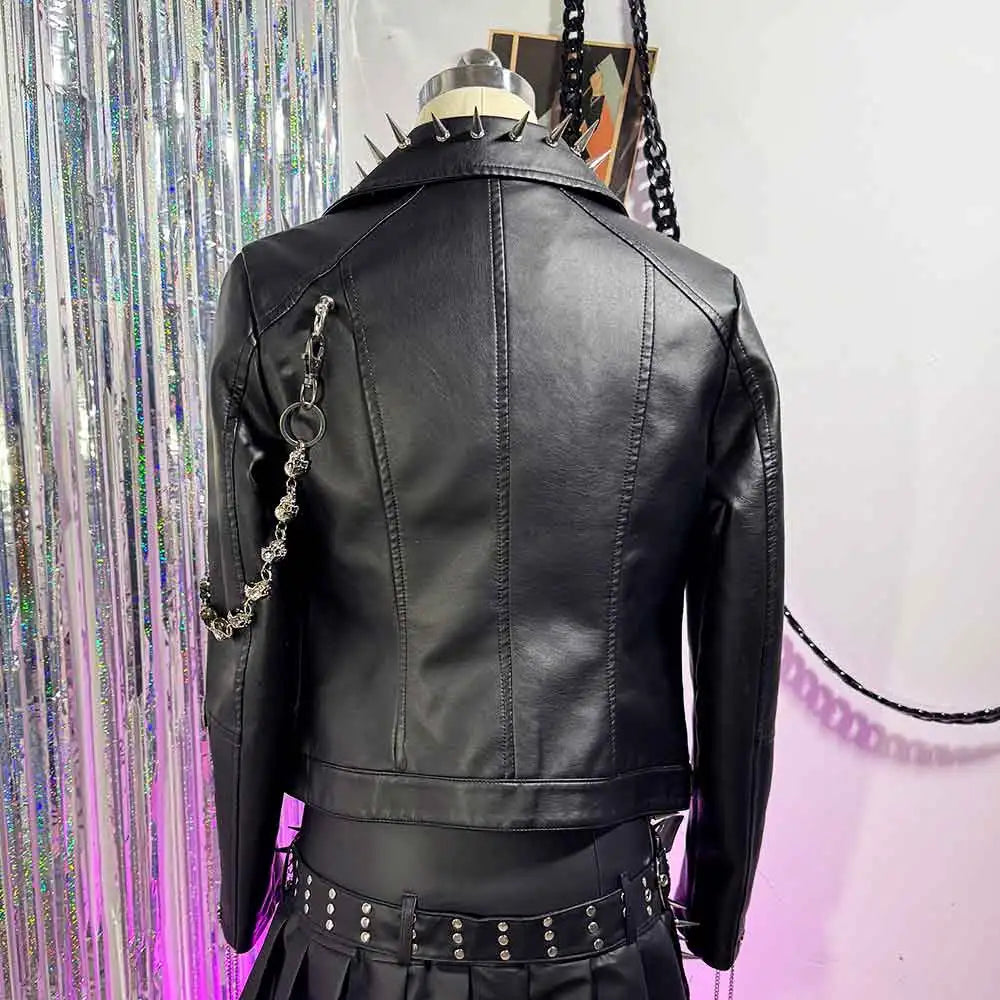 Women's Y2K Goth Black PU Leather Jacket Gothic Boho Emo Clothing with Skull Chain Punk Rock Grunge Rave Festival Coat for Teens Pi-Mart