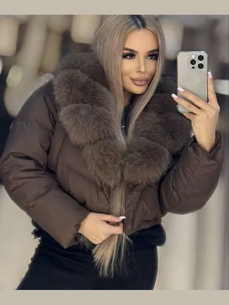 Luxury Thick Faux Fox Fur Collar Cropped Puffer Coat Women Oversized Lapel Zip Up Short Warm Windproof Winter Outerwear Jacket Pi-Mart