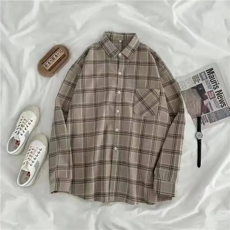 Plaid shirt women long sleeve retro port taste loose size women Korean version of the spring wear student jacket LadyShow.Store