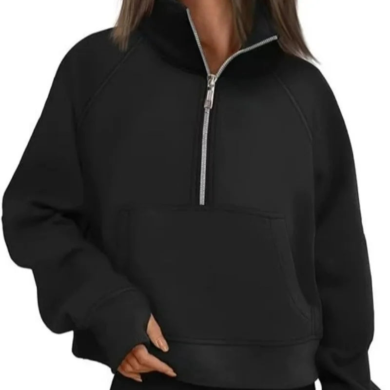 New Women's Spring Autumn Winter Stand Collar Plus Fleece Solid Color Hoodie Long Sleeve Pocket Loose Half Zip Pullover Hoodie Pi-Mart