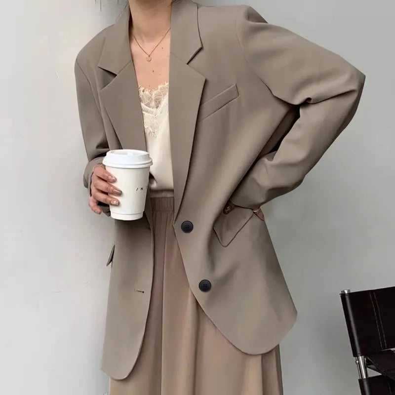 Mid Length Blazer Jacket Women Solid Long Sleeve Pocket Lapel Single Beasted Formal Coat Outerwear Loose Work Casual Blazers Pi-Mart