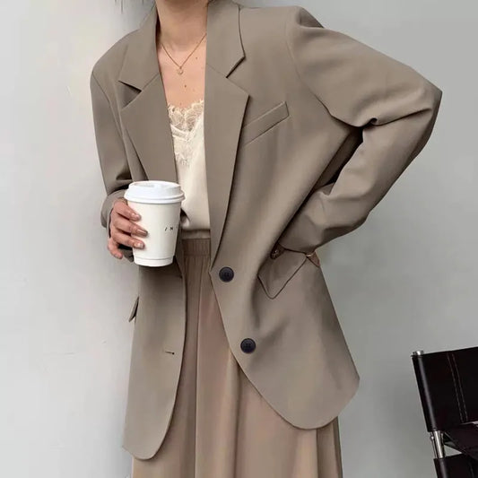 Mid Length Blazer Jacket Women Solid Long Sleeve Pocket Lapel Single Beasted Formal Coat Outerwear Loose Work Casual Blazers Pi-Mart
