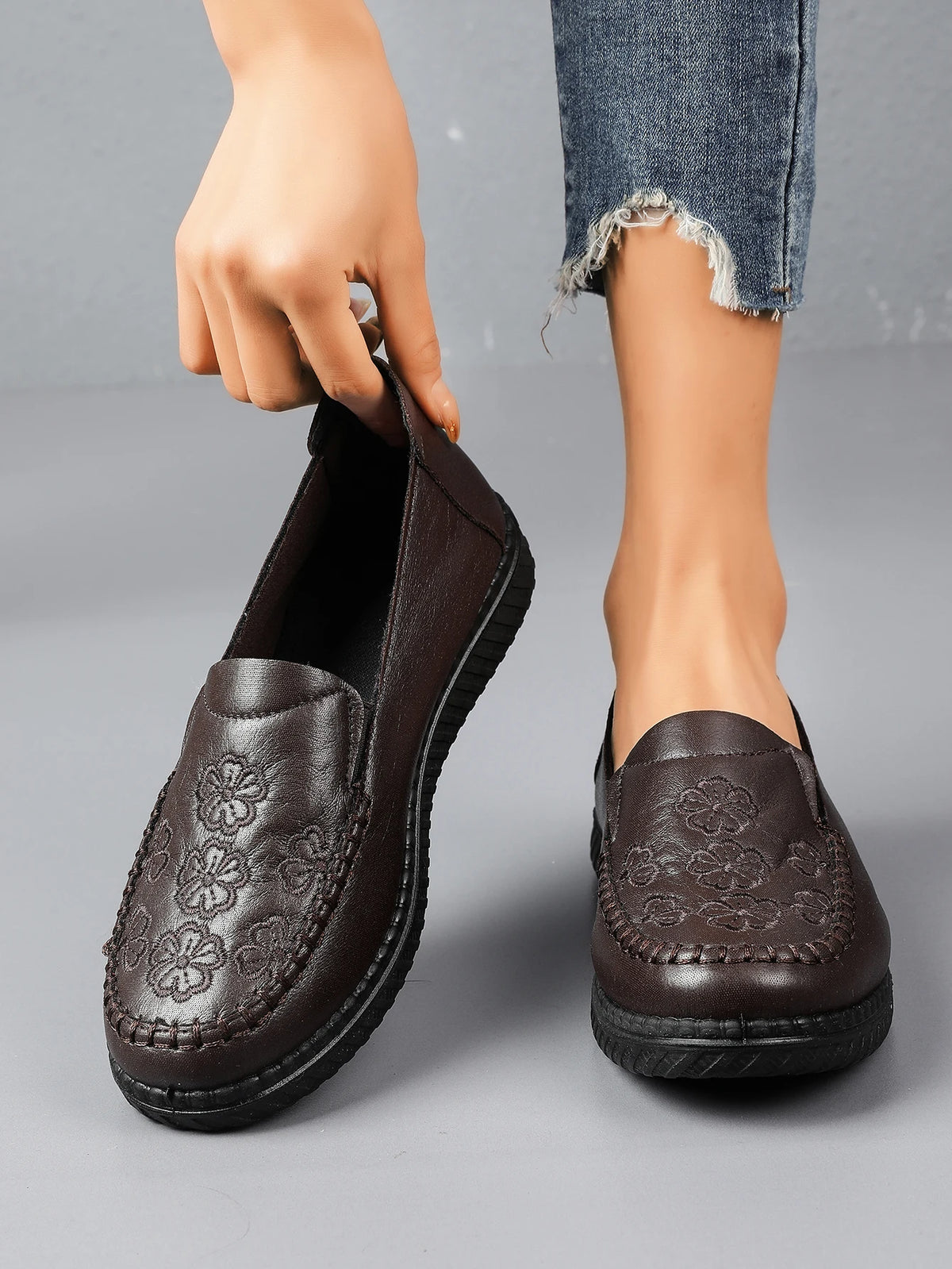 Women's Spring Autumn Leather Loafers Floral Embossed Slip‑On Flats Anti‑Slip Comfort Casual Mom Daily Walking Free Shipping Pi-Mart