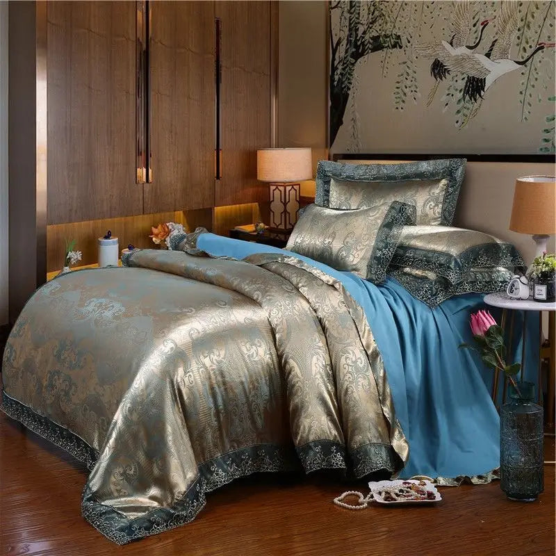 Luxury Jacquard Bedding Set Tencel Modal Duvet Cover 4PCS with Lace Satin Bed Sheet Pillowcases King and Queen Size Home Textile LadyShow.Store
