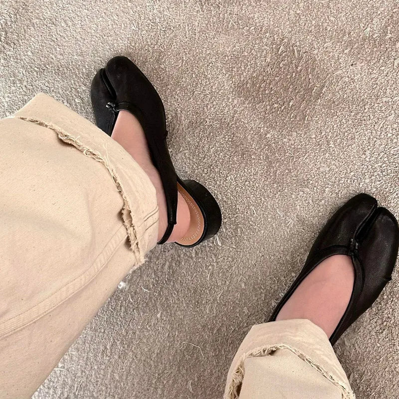 2025 Spring Summer Fashion Soft Leather Split Toe Women Pumps Casual Comfortable 3.5cm Low Heeled Slingbacks Tabi Ballet Shoes LadyShow.Store