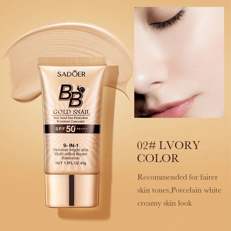 SADOER Gold Snail Sunscreen BB Cream Foundation Concealer Moisturizing Isolation Cream SPF50+PA+++ 40g Tri Light Beauty