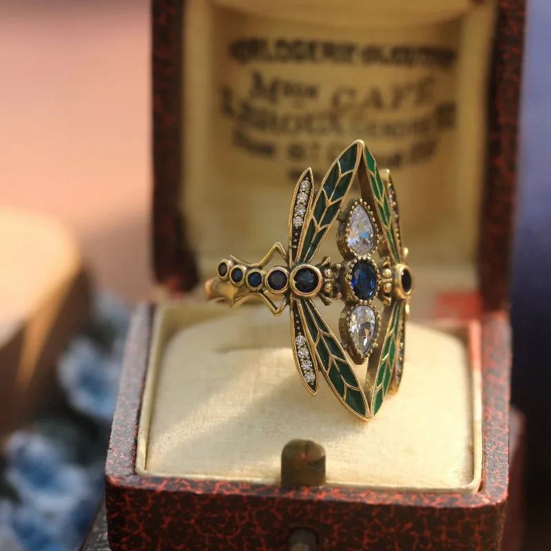 Gorgeous Vintage Insect Dragonfly Ring for Men Women Blue Cubic Synthetic Zirconia Party Jewelry Christmas Anniversary Gift Pi-Mart