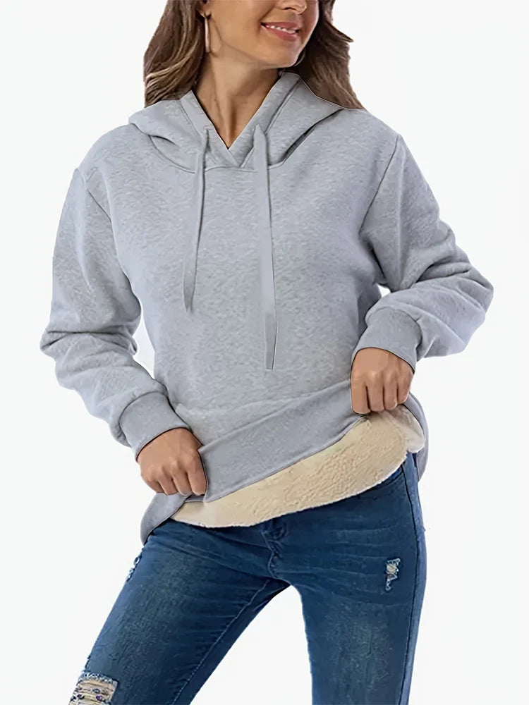 2025 Spring New Women's Solid Colour Warm Sweatshirt Hooded Lace-up Winter Sweatshirt with Pockets For Acrylic Sweaters LadyShow.Store