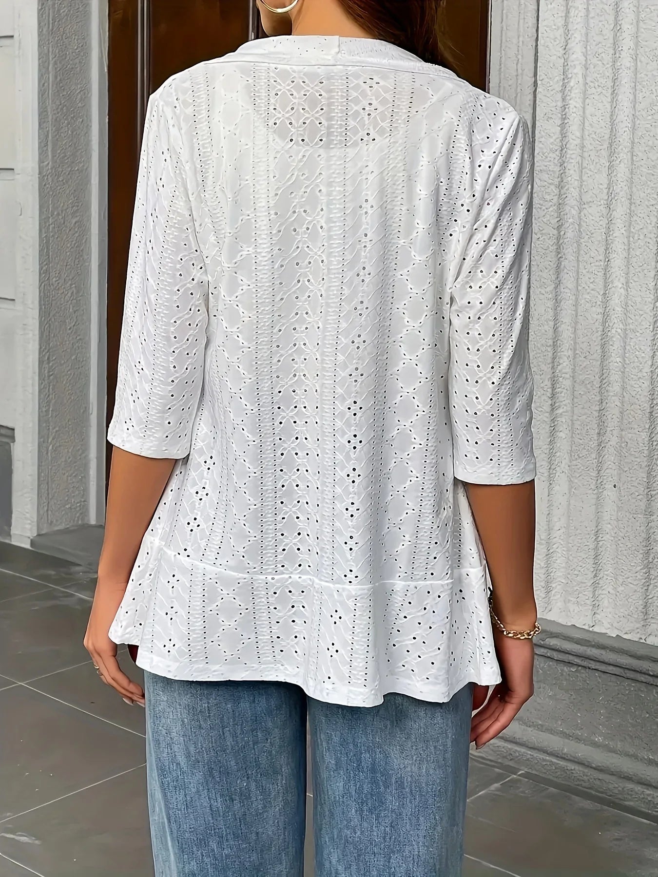 Women's Eyelet Embroidery Blazer Open Front 3/4 Sleeve Lightweight Casual Office Cardigan LadyShow.Store