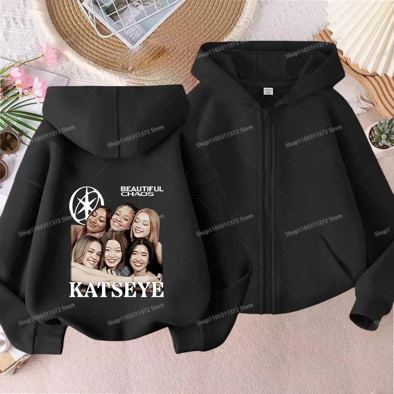 Fashion K POP K-KATSEYE Thin Jacket Cute Printed Coat Girls Sports Clothe Outdoor Workout Casual Top Trendy Birthday Kids Gifts Pi-Mart