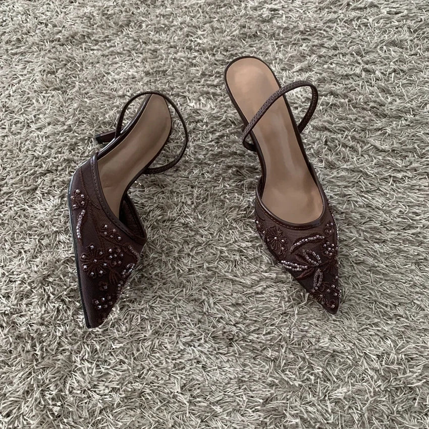 2026 String Bead Mesh Embroider Slingback High Heels Women Sexy Pointed Toe Heeled Sandals Summer Elegant Luxury Designer Shoes LadyShow.Store