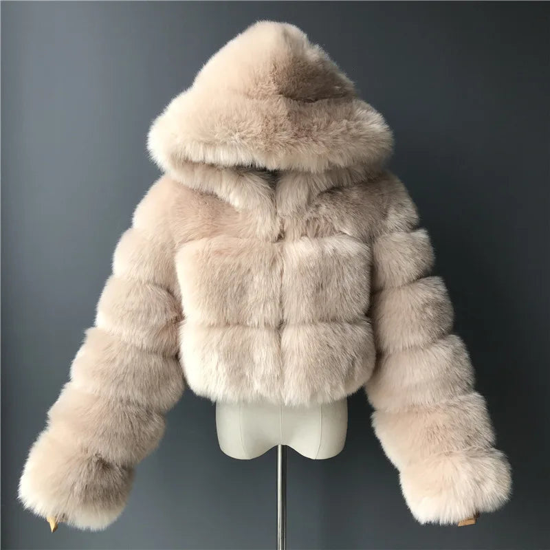 High Quality Furry Cropped Faux Fur Coats Jackets Women Fluffy Top With Hooded Winter Fur Jackets Fourrure Manteau Femme JH137 Pi-Mart