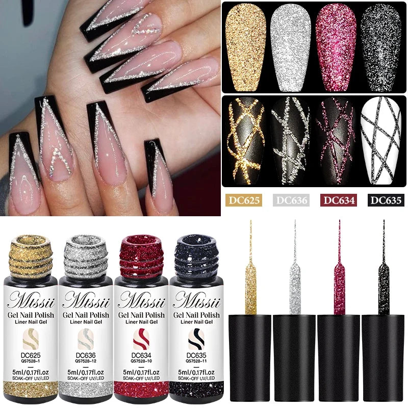 2/4/6pcs Reflective Glitter Liner Gel Nail Polish Set Pull Line Graffiti Painting Stripe DIY French Nails Design Painting Gel Tri Light Beauty
