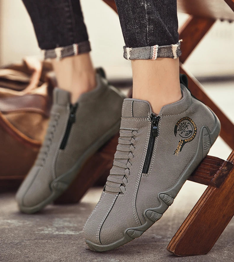 Men's Casual Shoes Side Zipper Short Boots Versatile Flats Bottom Trbottomyy Fashion Pu Leather Men's Shoes Spring Suitable for Outdoor Sports Pi-Mart