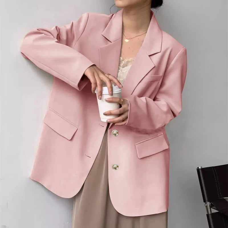 Mid Length Blazer Jacket Women Solid Long Sleeve Pocket Lapel Single Beasted Formal Coat Outerwear Loose Work Casual Blazers Pi-Mart