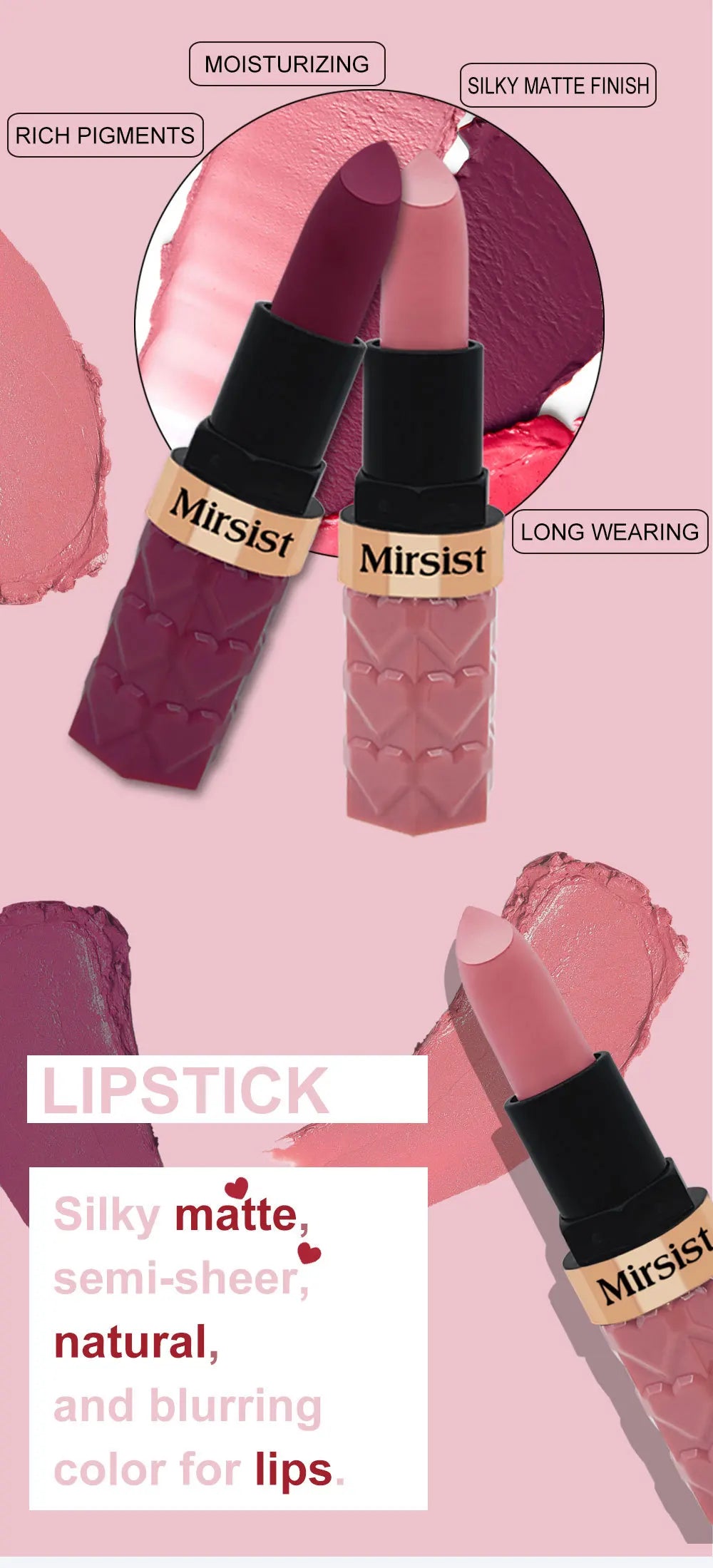 Matte Lipstick Nude Peach Brown Cherry Shades Velvety Smooth Long-Lasting Rich Pigment Waterproof Non-Stick Cup Lip Stick Makeup Pi-Mart