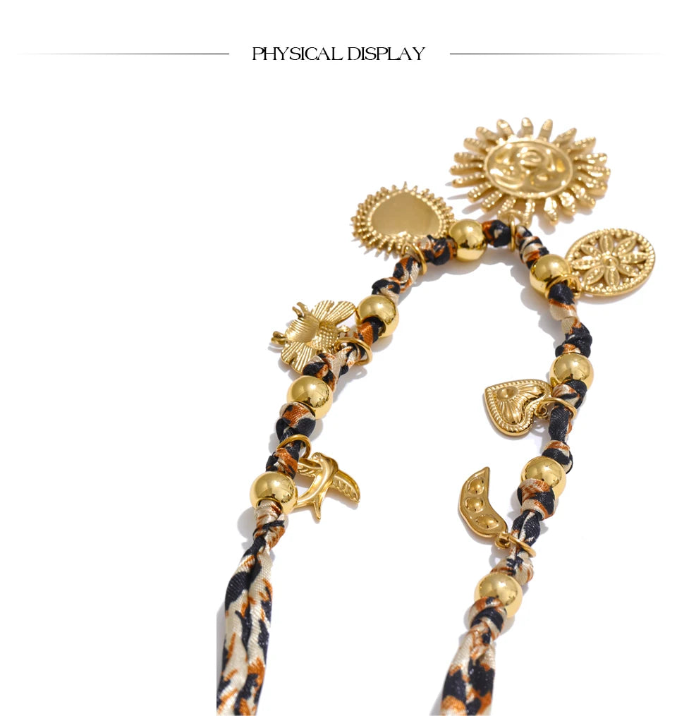 Yhpup Popular Stainless Steel Leopard Polyester Sun Flower Heart Insect Drop Collar Necklace 18K PVD Plated Fashion Jewelry Gift Pi-Mart