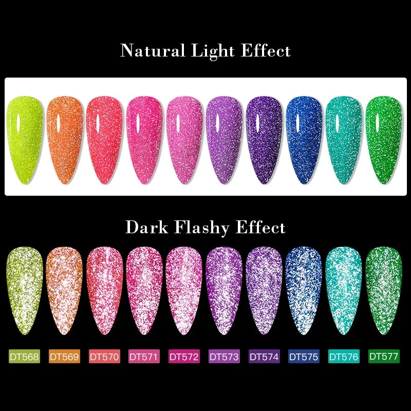 MEET ACROSS 7ml Pink Fluorescent Reflective Gel Nail Polish Glitter Neon Semi Permanent UV LED Gel Nail Art Varnish Manicure Tri Light Beauty