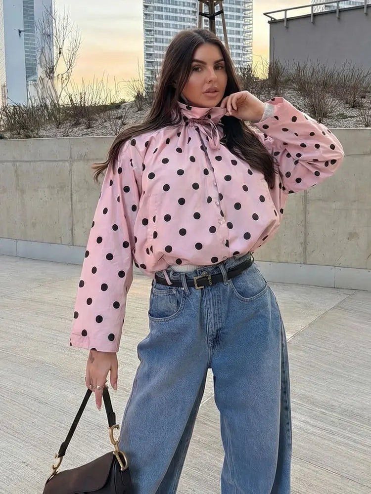 HH Women Elegant Fashion Polka Dot Pink Jacket Single Breasted High Collar Drawstring Coat Spring Lady Trend Street Outwear LadyShow.Store