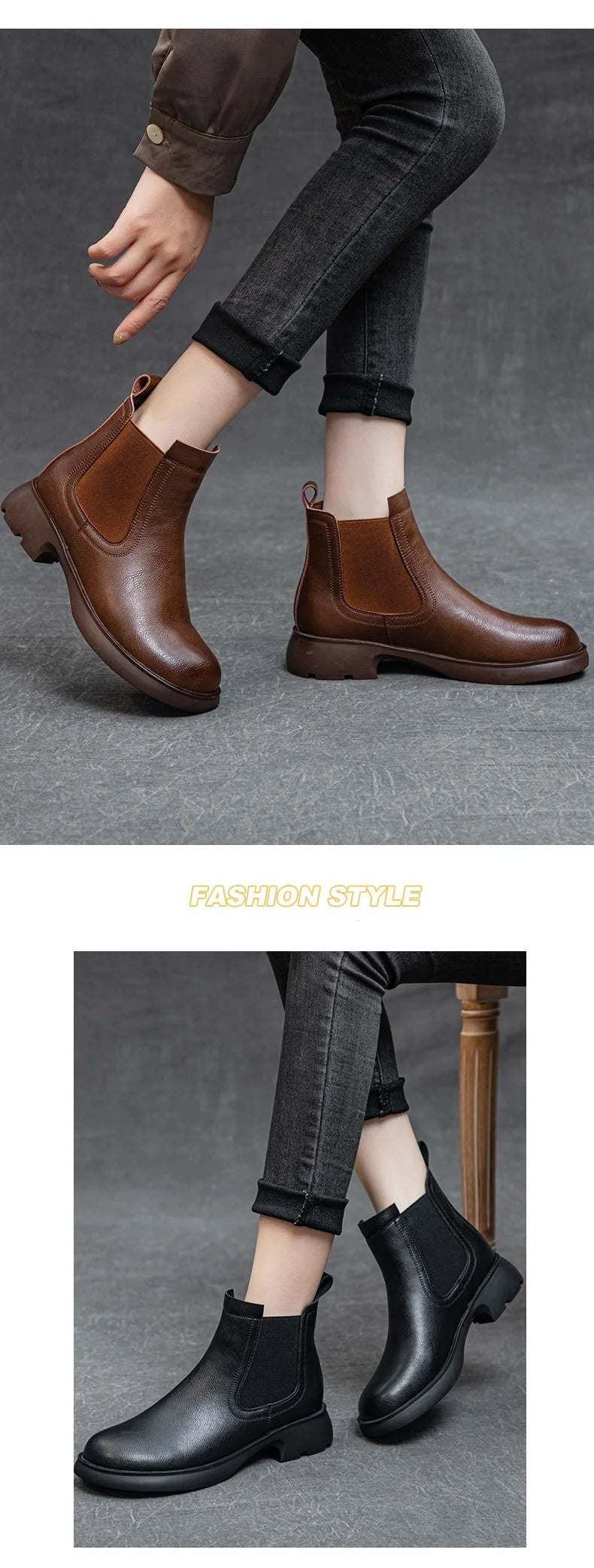DRKANOL Fashion Women Thick Heel Ankle Boots Autumn Winter Warm Shoes Round Toe Real Cowhide British Style Slip On Chimney Boots Pi-Mart