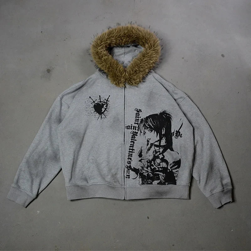 Winter Fashion Streetwear Women's Gothic Printed Faux Fur Hooded Jacket Trendy Edgy Zip - Up Sweatshirt 2026 New Arrival LadyShow.Store