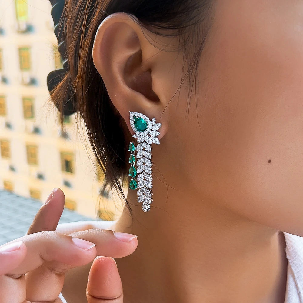 CWWZircons Dangling Leaf Drop Green Cubic Zirconia Luxury Long Earrings  for Women Beautiful Wedding Banquet Party Jewelry CZ959 Pi-Mart