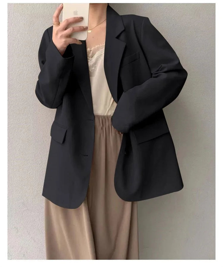 Mid Length Blazer Jacket Women Solid Long Sleeve Pocket Lapel Single Beasted Formal Coat Outerwear Loose Work Casual Blazers Pi-Mart