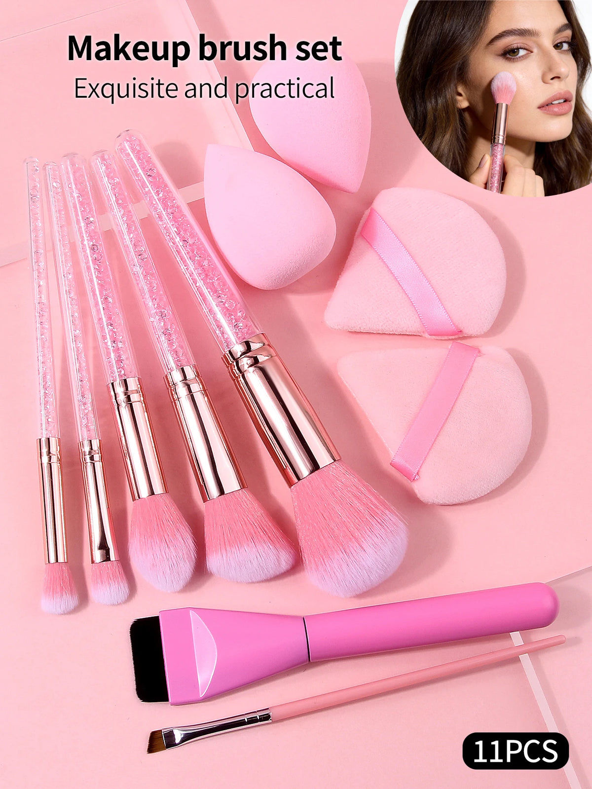 11Pcs Pink Makeup Brush Set with Sponge & Puff, Professional Glitter Handle Brushes for Foundation, Eyeshadow, Blush, Full Face Pi-Mart