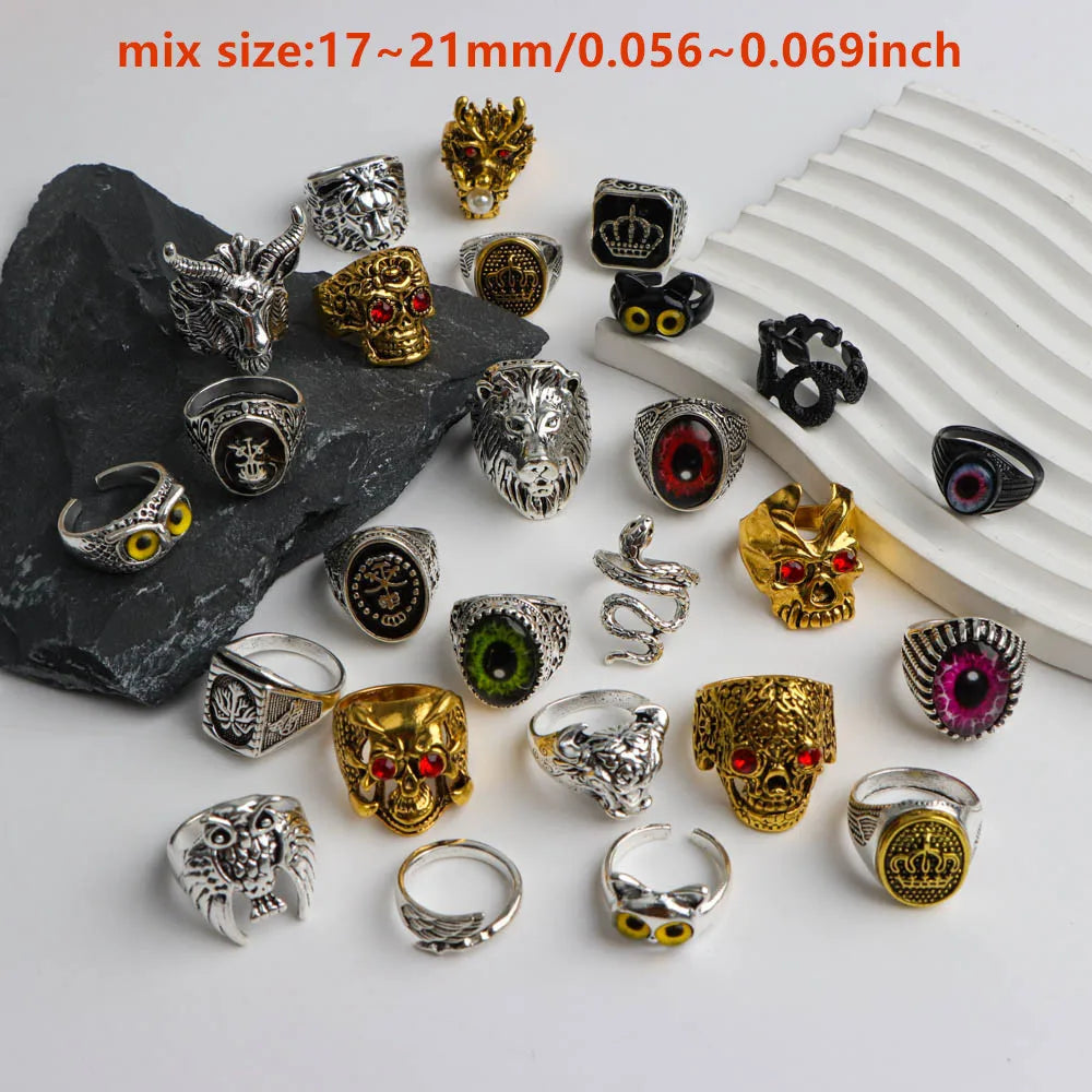 10/20/30/50Pcs/Lot Fashion Retro Punk Classic Skull Owl Rings for Men Women Hip Hop Jewelry Accessories Party Gifts Mix Style Pi-Mart