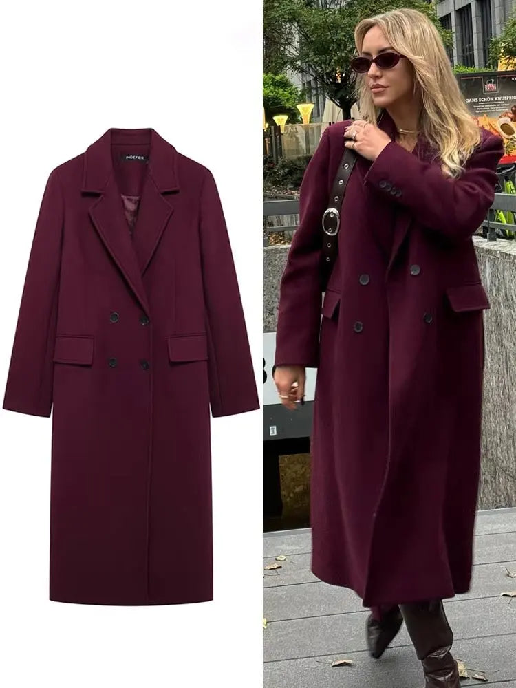 HH Women Fashion Burgundy Coat Double Breasted Long Sleeve Lapel Blends Jacket Autumn Winter High Street Outerwear LadyShow.Store