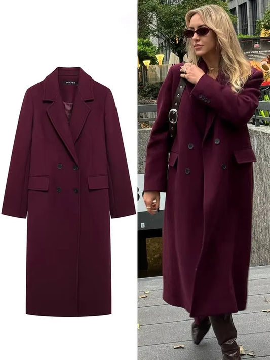 HH Women Fashion Burgundy Coat Double Breasted Long Sleeve Lapel Blends Jacket Autumn Winter High Street Outerwear LadyShow.Store