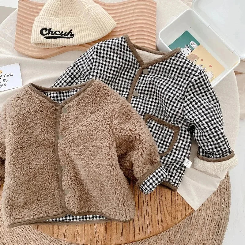 HoneyCherry Autumn and Winter New Warm Jacket Children Two Sides Wear Plaid Plush Jacket Kids Jackets Pi-Mart