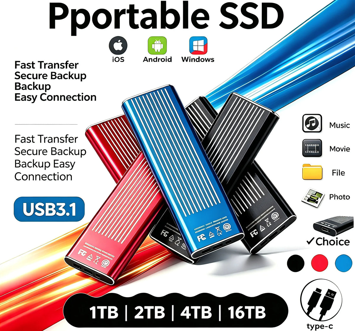 Portable External SSD USB3.2, High Speed 1TB-16TB Solid State Drive, Lightweight Pocket Design for Laptop, Desktop, Mac & Phone Pi-Mart