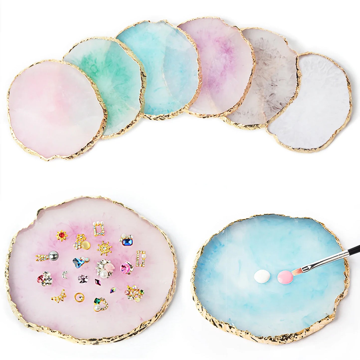 1PC Round Resin Agate Stone Nail Art Palette False Nail Tips Mixing Color Drawing Pallet Gel Polish Display Shelf Manicure Tool Tri Light Beauty