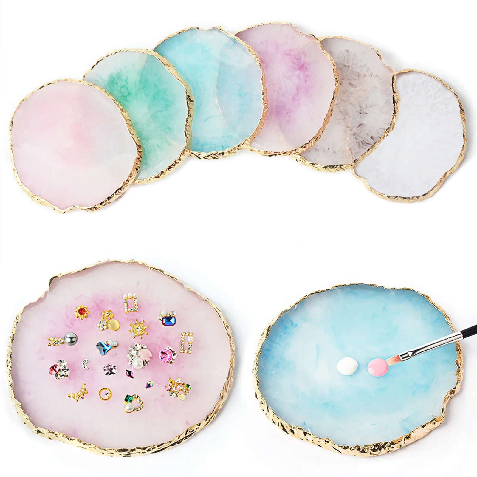 1PC Round Resin Agate Stone Nail Art Palette False Nail Tips Mixing Color Drawing Pallet Gel Polish Display Shelf Manicure Tool Tri Light Beauty