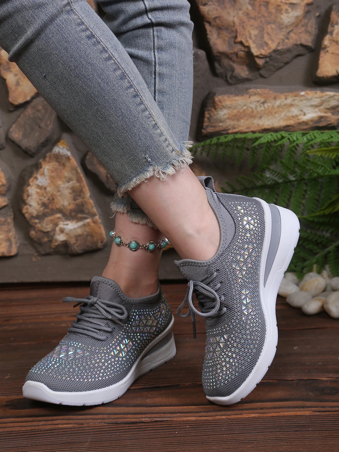 Women's Rhinestone Embellished Knit Mesh Wedge Sneakers, Adjustable Lace-Up Closure, Daily Walking Casual Footwear Pi-Mart