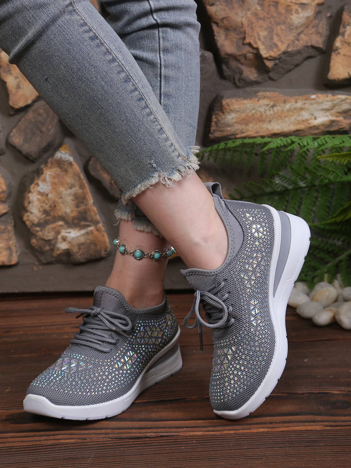 Women's Rhinestone Embellished Knit Mesh Wedge Sneakers, Adjustable Lace-Up Closure, Daily Walking Casual Footwear Pi-Mart