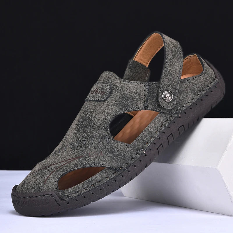 New Handmade Summer Sandals Men Breathable Leather Shoes Man Outdoor Men Sandals Antiskid Beach Sandals Hollow Shoes Fashion Pi-Mart