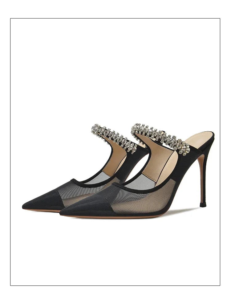 New Fashionable Thin Heel Pointed Water Diamond Mesh Hollow Sandals with Design Sense Half Dragged Muller Shoes ForOuterwear Pi-Mart
