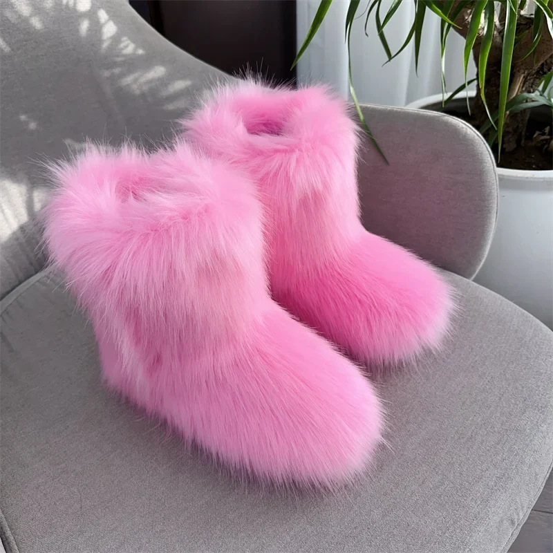 New Winter Fur Onepiece Raccoon Fur Female Snow Boots Fur Shoes Outdoor Mid Leg Boots LadyShow.Store