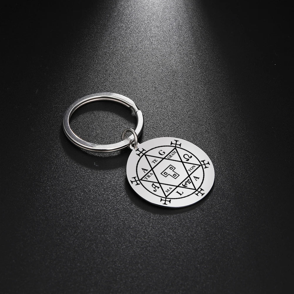 Dawapara Protection Secret Seal of Solomon Pendant Keychain Witchcraft Hexagram Wealth Fortune Amulet Stainless Steel Jewelry Pi-Mart