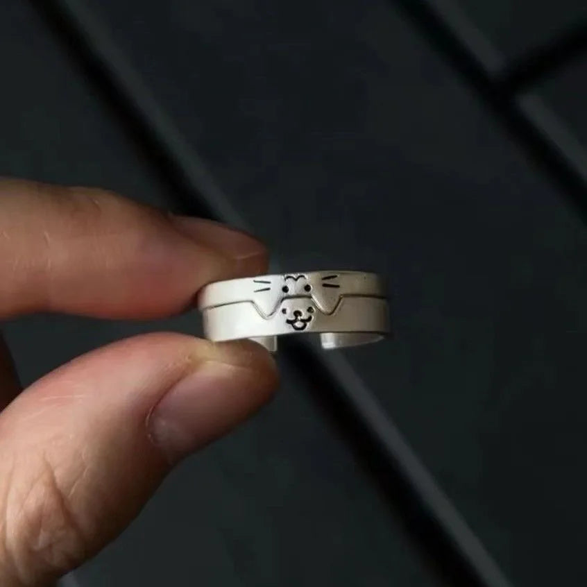 2pcs Simple Design Cute Cat Dog Animal Adjustable Couple Ring for Women Men Cartoon Fashion Couple  Friends Rings Jewelry Gifts Pi-Mart