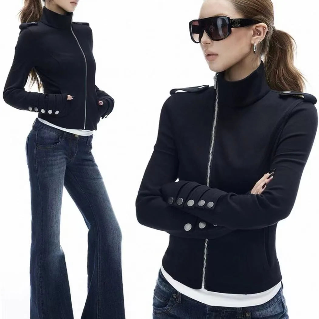 Vintage Cropped Jackets Women Harajuku Casual Slim Fit Zipper Coat Y2K Streetwear Long Sleeve Outerwear Autumn New Arrival Pi-Mart