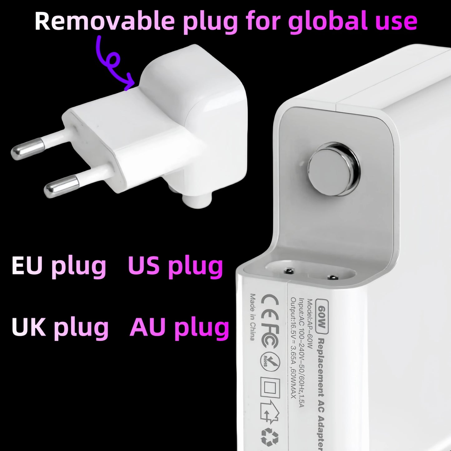 85W T-Type Magnetic Laptop Charger Power Adapter A1398 A1417 A1424 CE FCC RoHS UKCA Certified Pi-Mart
