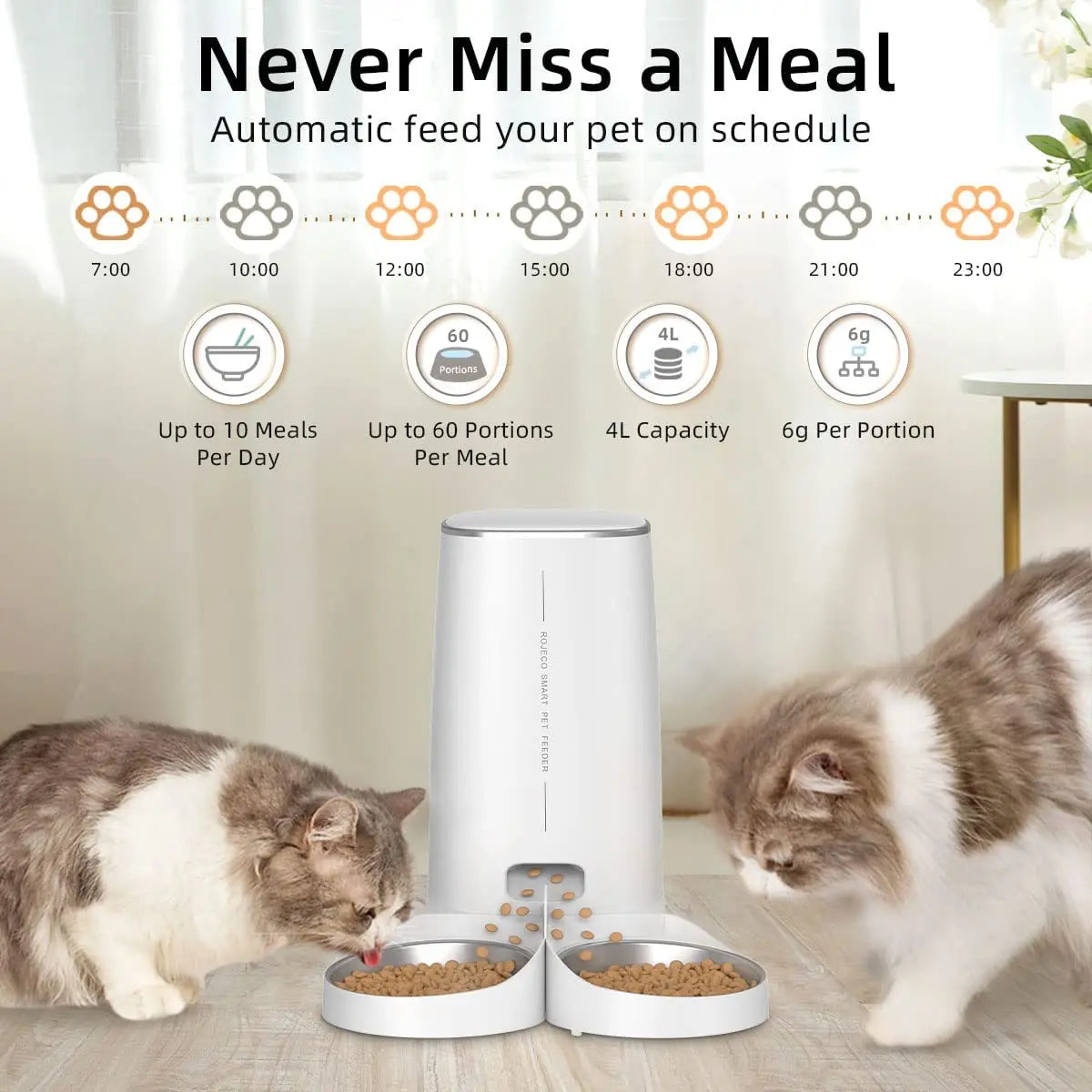 ROJECO Automatic Cat Feeder Pet Smart Cat Food Kibble Dispenser Remote Control Auto WiFi Double Feeder For Cats Dog Accessories Pi-Mart