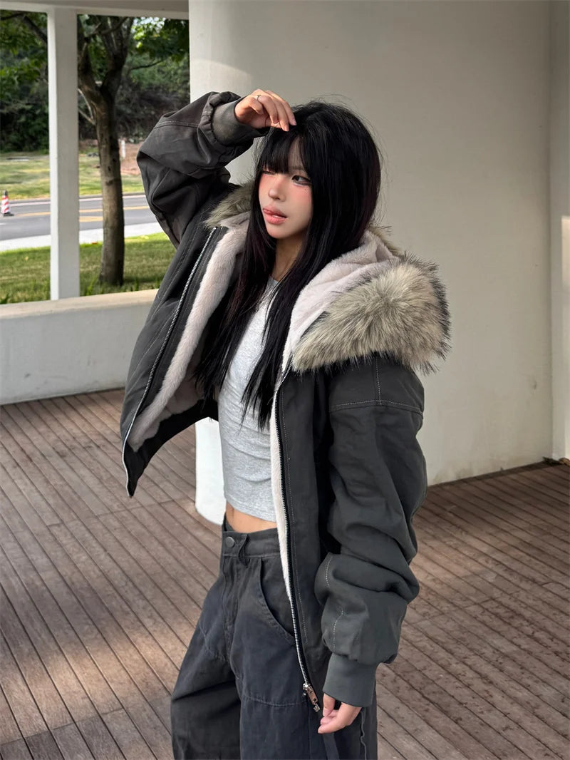 ZAROY Fur Collar Hooded Parkas Y2k Harajuku Thicken Padded Jackets Casual Zipper Gothic Women&Men Winter Coats Streetwear кур Pi-Mart
