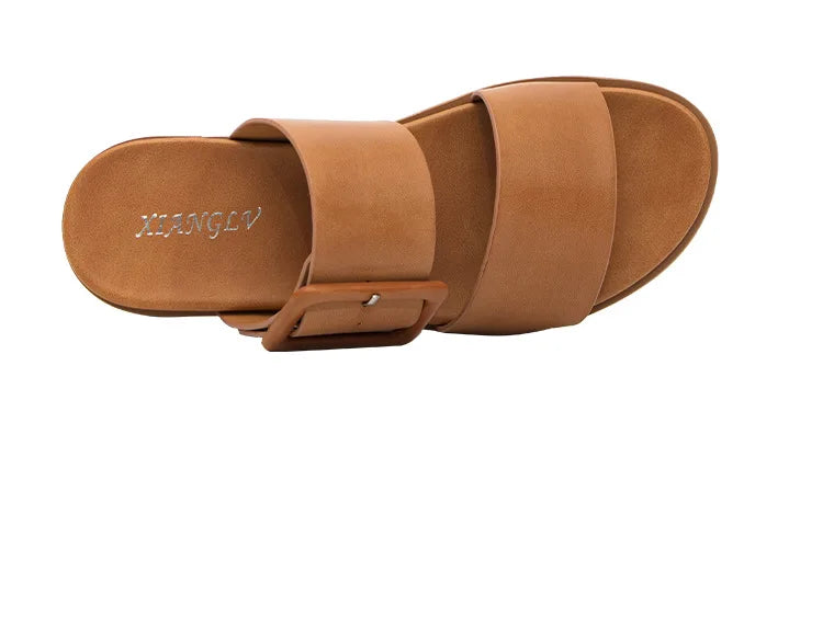 Adjustable Square Buckle Women Slide Sandals Two Strap Platform Slippers Low Heel Soft Sole Summer Open Toe Walking Casual Shoes Pi-Mart