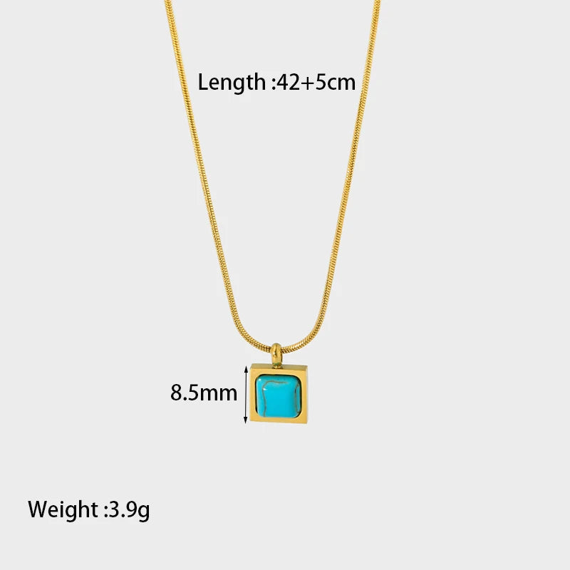Stylish 18k Gold Plated Stainless Steel Blue Natural Stone Geometric Pendant Necklace for Women Waterproof  Collar Jewelry Gift Pi-Mart