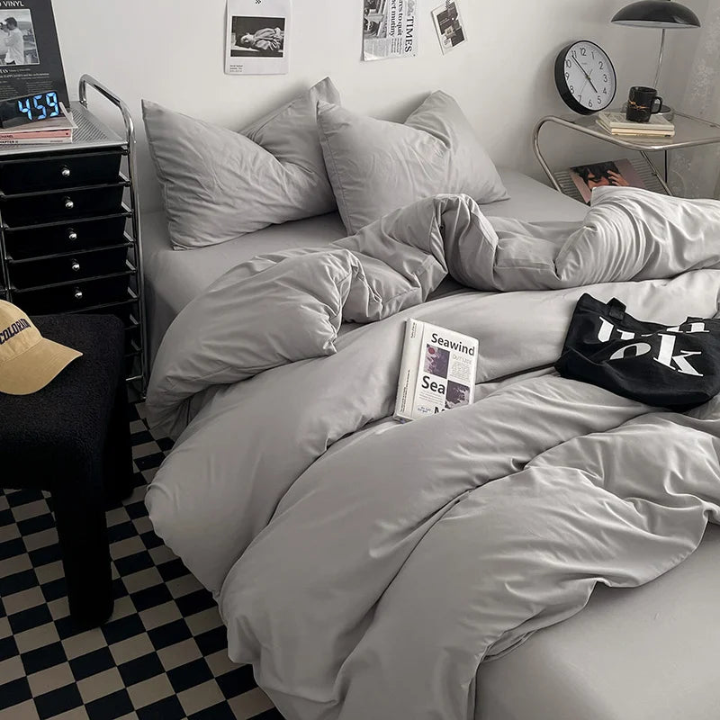 Washed Cotton Bed Linen Bedding Set 4 Pieces Bed Sheets Set Solid Color Comforter Cover Couple Queen King Size Bed Quilt Cover LadyShow.Store
